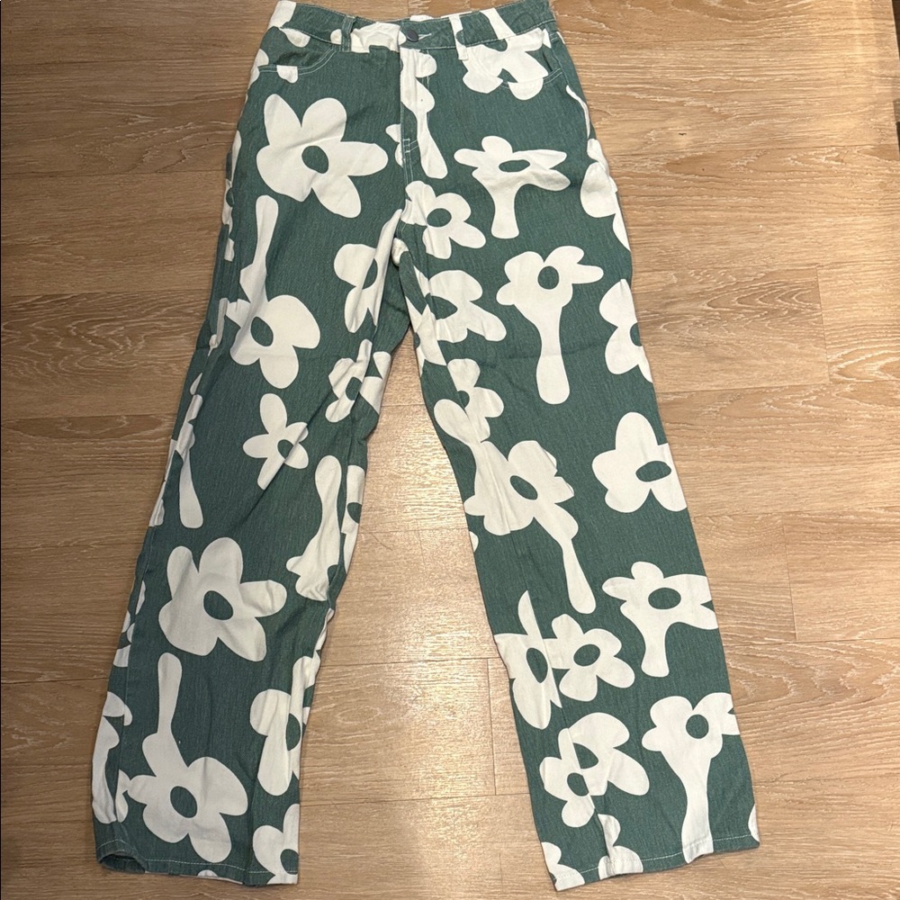 Women's Wide-Leg Casual Pants in Teal with White Floral Print